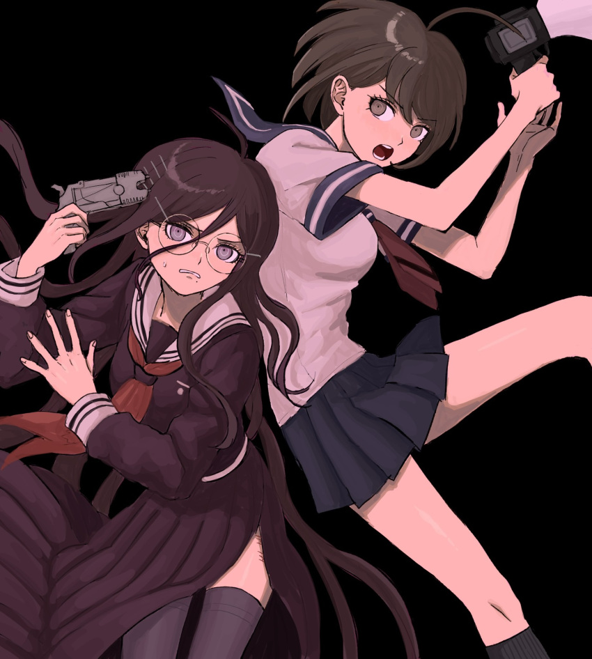 2girls ahoge bangs black_background breasts brown_eyes brown_hair danganronpa_(series) danganronpa_another_episode:_ultra_despair_girls from_side fukawa_touko glasses grey_shirt hair_ornament hairclip hands_up highres holding holding_weapon kneehighs long_hair long_sleeves looking_at_viewer medium_breasts megaphone miniskirt multiple_girls naegi_komaru open_mouth pleated_skirt red_neckwear renshu_usodayo round_eyewear sailor_collar school_uniform serafuku shiny shiny_hair shirt short_hair short_sleeves side_slit skirt sweat taser teeth thigh-highs weapon