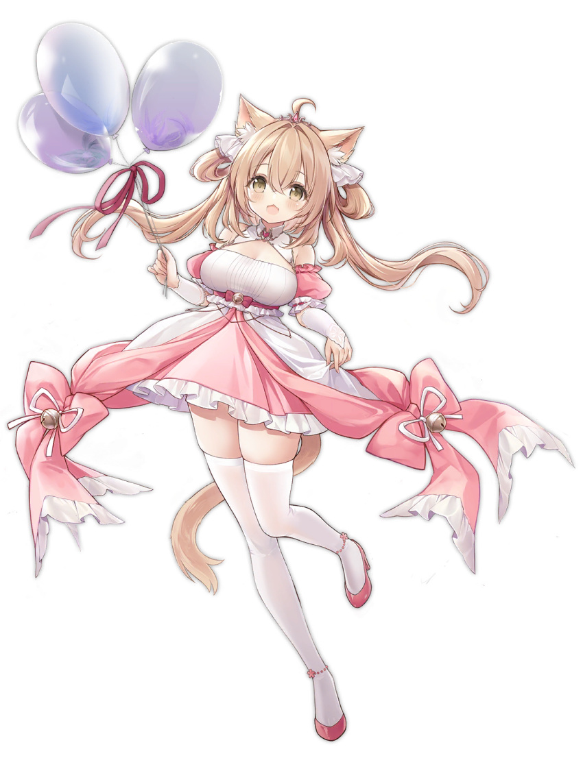 1girl ahoge alic_miao animal_ears azur_lane balloon bare_shoulders bell breasts brown_eyes cat_ears cat_tail dress hair_ornament high_heels highres large_breasts light_brown_hair long_hair looking_at_viewer michishio_(azur_lane) official_alternate_costume official_art open_mouth pink_dress pink_footwear ribbon standing tail thigh-highs transparent_background white_legwear