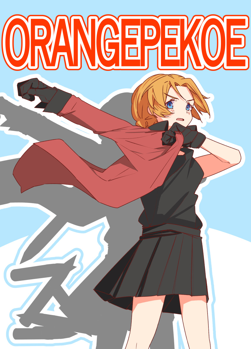 1girl absurdres arm_up bangs black_gloves black_shirt black_skirt blue_eyes braid character_name dressing frown girls_und_panzer gloves highres jacket long_sleeves looking_at_viewer military military_uniform miniskirt open_clothes open_jacket open_mouth orange_hair orange_pekoe_(girls_und_panzer) parted_bangs pleated_skirt red_jacket shirt short_hair silhouette skirt solo st._gloriana's_military_uniform standing twin_braids unfortunate_hero uniform