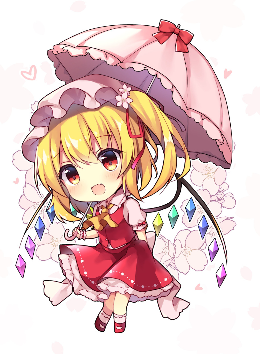 1girl :d absurdres arm_behind_back ascot back_bow bangs blonde_hair blush bow center_frills chibi commentary_request contrapposto eyebrows_visible_through_hair eyelashes fang flandre_scarlet flower frilled_skirt frills full_body hair_flower hair_ornament happy hat heart highres holding holding_umbrella mary_janes mob_cap one_side_up open_mouth parasol petals puffy_short_sleeves puffy_sleeves red_eyes red_footwear red_skirt red_vest ruhika sash shiny shiny_hair shirt shoes short_hair_with_long_locks short_sleeves side_ponytail simple_background skirt slit_pupils smile socks solo standing touhou umbrella umbrella_bow vest white_background white_legwear white_sash white_shirt wings wrist_cuffs yellow_neckwear