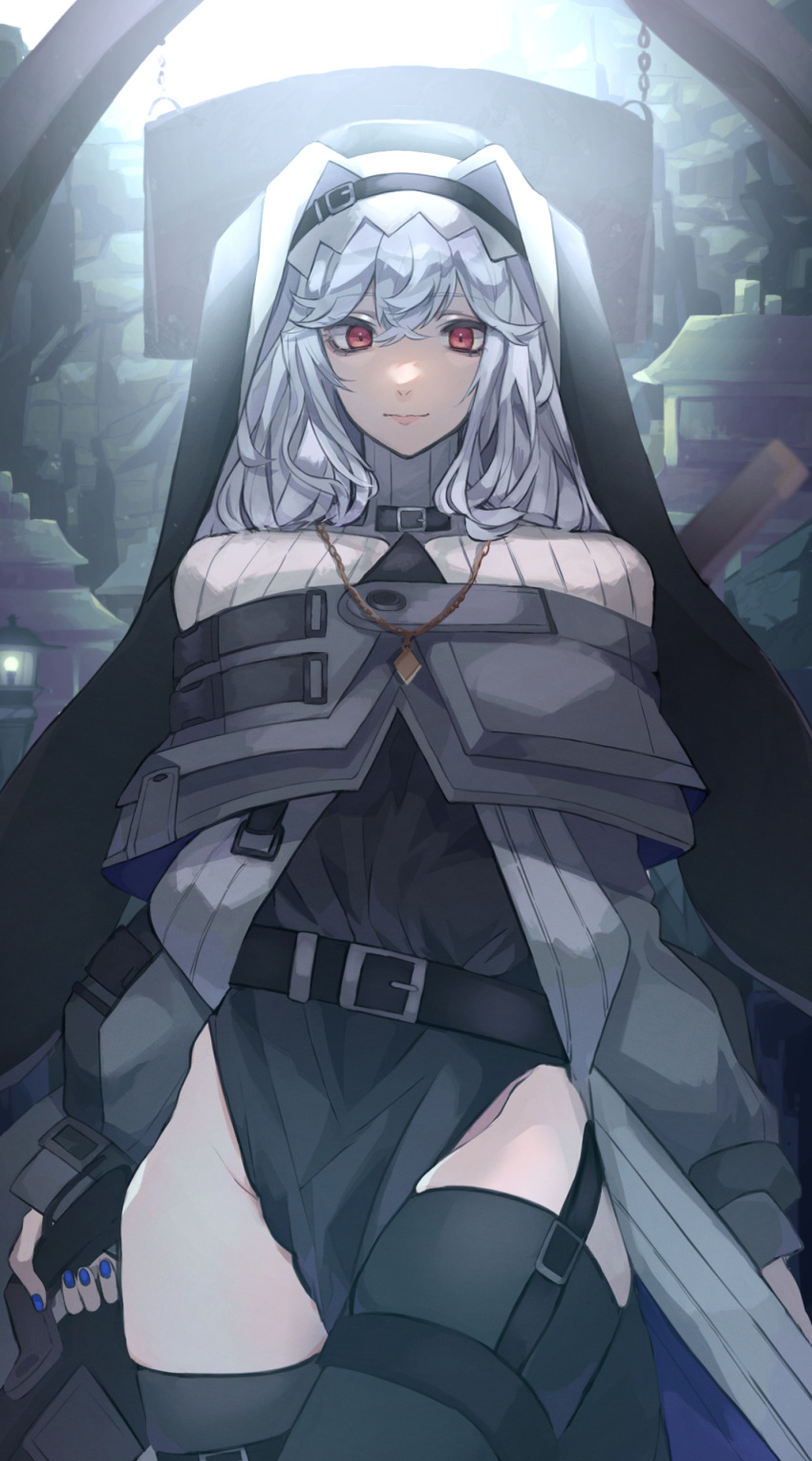 1girl absurdres arknights bangs belt black_belt black_cape black_dress black_headwear blue_nails breasts cape capelet chunta closed_mouth commentary_request cowboy_shot dress garter_straps grey_hair habit hair_between_eyes highres holding holding_weapon jewelry long_hair long_sleeves looking_at_viewer nail_polish necklace nun red_eyes specter_(arknights) thigh-highs thighs weapon zettai_ryouiki