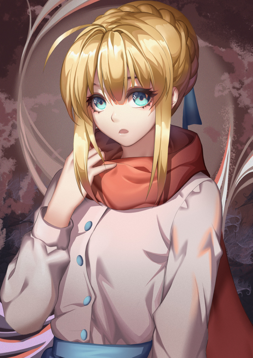 1girl absurdres adjusting_scarf ahoge alternate_costume artoria_pendragon_(fate) blonde_hair blue_ribbon braid casual cowboy_shot fate/grand_order fate/stay_night fate_(series) french_braid green_eyes hair_between_eyes henz highres looking_at_viewer open_mouth ribbon saber scarf sidelocks solo white_background