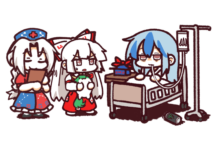 3girls bed blanket blue_hair bow braid can clipboard concha3381 concha_(mamecha) cross drinking fujiwara_no_mokou hair_bow hat hat_removed headwear_removed highres jitome kamishirasawa_keine long_hair monster_energy multicolored_hair multiple_girls nurse_cap red_bow red_eyes silver_hair simple_background smile suspenders touhou two-tone_hair white_background yagokoro_eirin