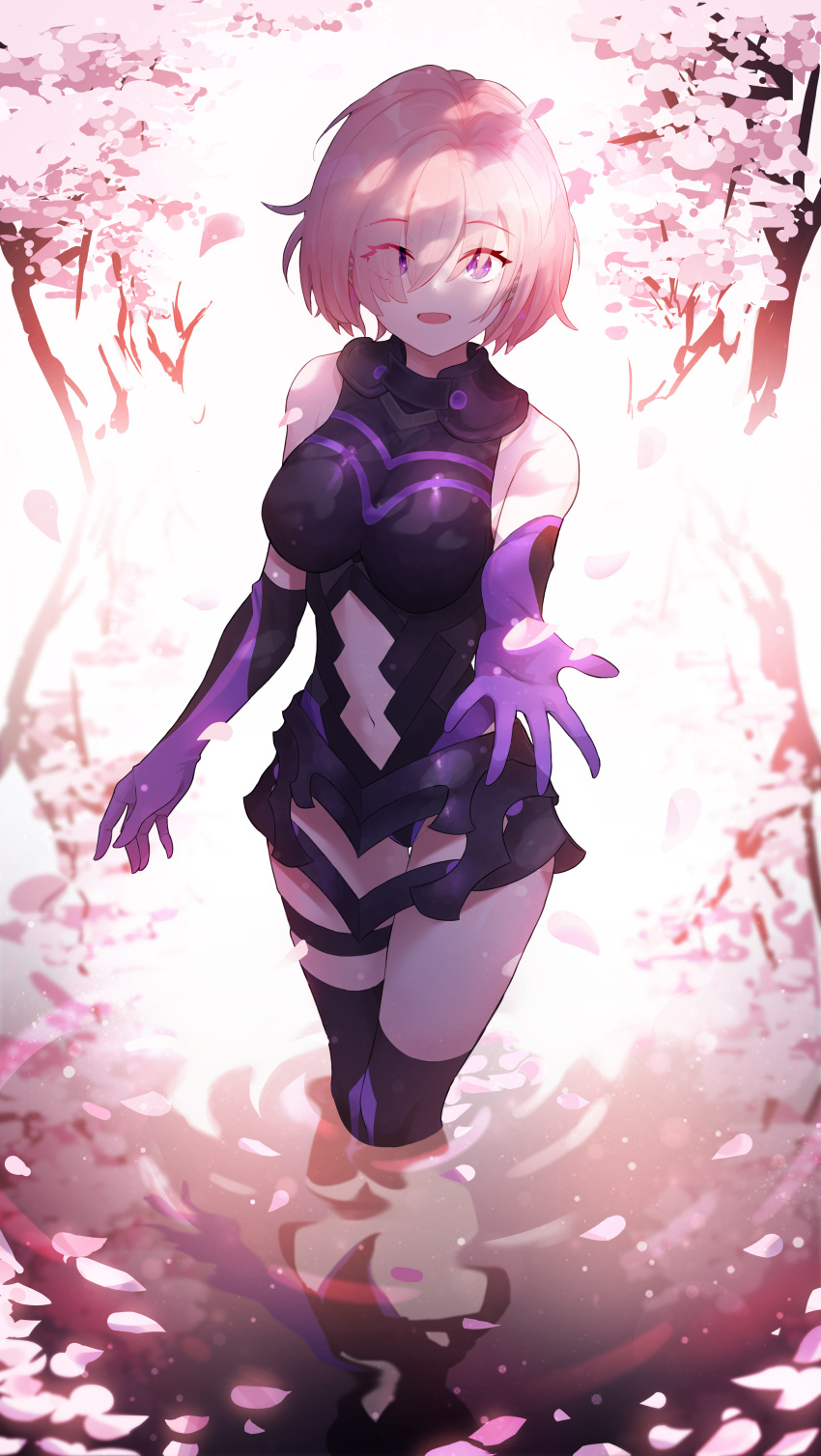 1girl absurdres armor armored_dress bangs cherry_blossoms elbow_gloves eyebrows_behind_hair eyebrows_visible_through_hair fate/grand_order fate_(series) gloves hair_over_one_eye highres huge_filesize mash_kyrielight oni22 open_mouth petals petals_on_liquid purple_hair reaching_out reflection reflective_water short_hair smile solo tree violet_eyes water