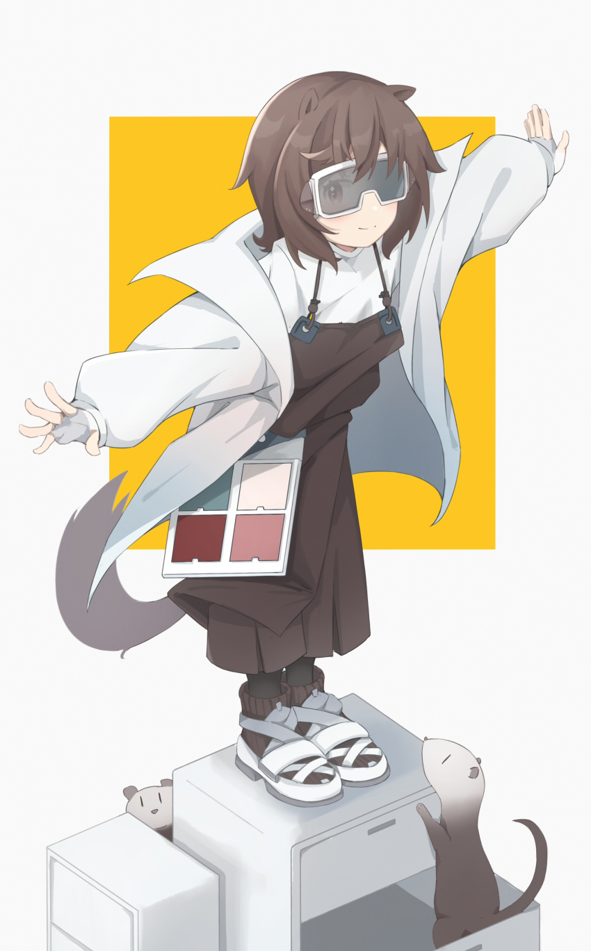 1girl absurdres animal animal_ears arknights black_legwear brown_eyes brown_hair brown_overalls full_body goggles highres jacket looking_at_viewer nigakl open_clothes open_jacket otter otter_ears otter_girl otter_tail roberta_(arknights) shirt short_hair simple_background smile socks solo split_mouth standing t-pose tail two-tone_background white_background white_footwear white_jacket white_shirt yellow_background