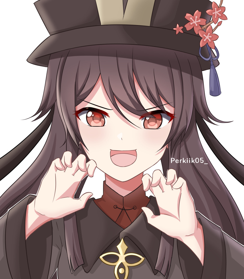 1girl :d artist_name bangs black_hair chinese_clothes claw_pose close-up commentary english_commentary eyebrows_visible_through_hair flower genshin_impact hair_between_eyes hat hat_flower hat_ornament highres hu_tao_(genshin_impact) long_hair long_sleeves looking_at_viewer open_mouth perkiik05 red_eyes sidelocks simple_background smile solo twintails watermark white_background