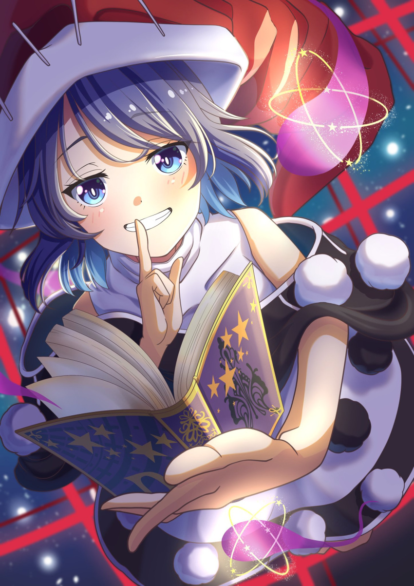 1girl amanoyayuki bangs black_capelet black_dress blue_eyes blue_hair blush book capelet commentary doremy_sweet dream_soul dream_world_(touhou) dress eyebrows_visible_through_hair finger_to_mouth full_body hair_between_eyes hat highres holding holding_book looking_at_viewer nightcap off_shoulder open_mouth pom_pom_(clothes) red_headwear short_hair solo tail tapir_tail touhou turtleneck two-tone_dress white_dress