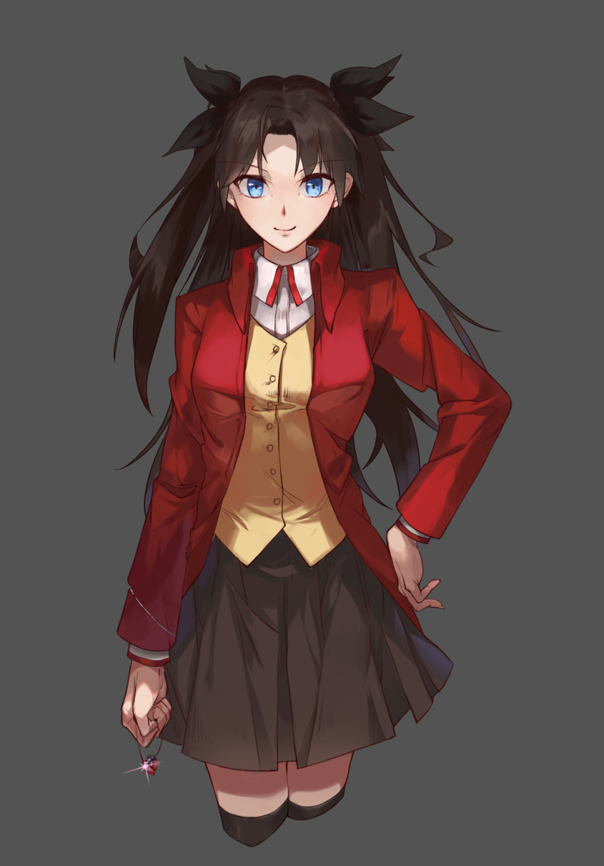 1girl ayrshine black_bow black_legwear black_ribbon black_skirt blue_eyes bow breasts brown_hair cropped_legs fate/stay_night fate_(series) gem grey_background hair_bow hand_on_hip highres homurahara_academy_uniform jacket jewelry jewelry_removed large_breasts long_hair looking_at_viewer necklace necklace_removed red_jacket red_ribbon ribbon shirt skirt smile solo thigh-highs tohsaka_rin twintails vest white_shirt yellow_vest