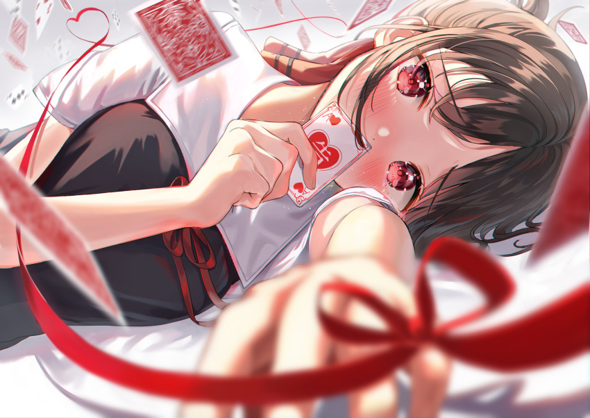 1girl black_hair blurry blush card covered_mouth depth_of_field eyebrows_visible_through_hair hair_ribbon highres holding holding_card kaguya-sama_wa_kokurasetai_~tensai-tachi_no_renai_zunousen~ lying on_side playing_card red_eyes red_ribbon ribbon sakura_(39ra) school_uniform shinomiya_kaguya shuuchiin_academy_uniform solo upper_body