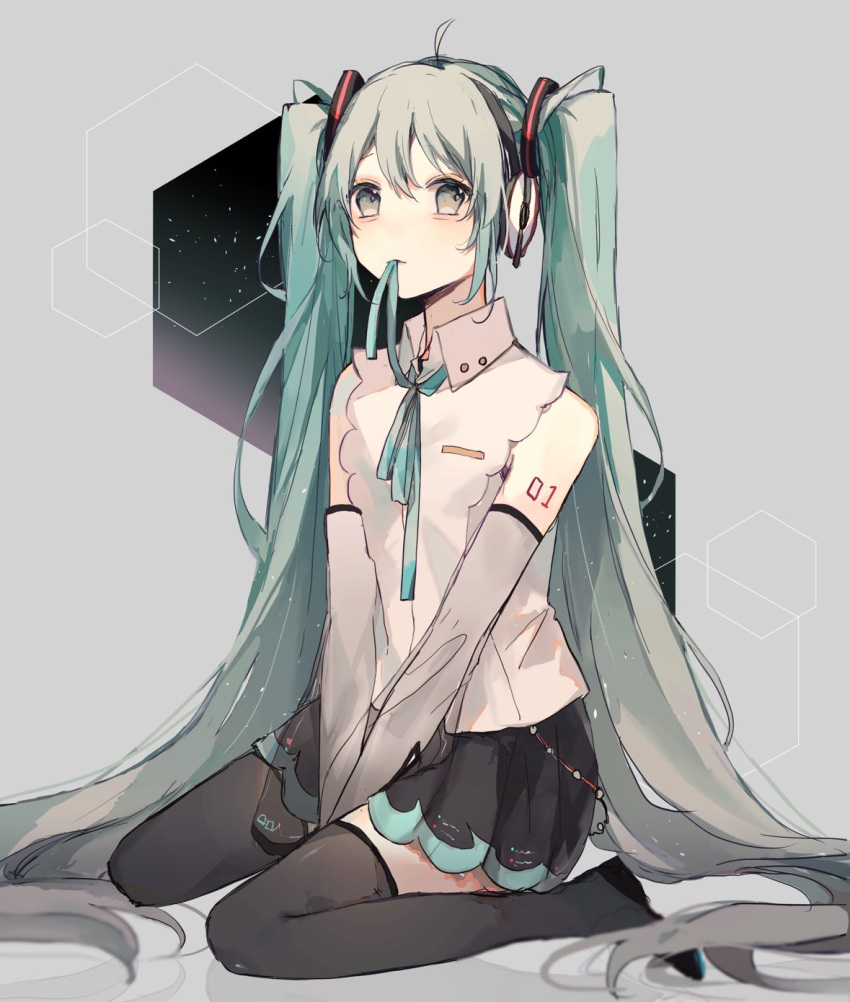 1girl aqua_eyes aqua_hair aqua_neckwear bare_shoulders between_legs black_legwear black_skirt commentary detached_sleeves full_body grey_background hair_ornament hand_between_legs haru_ta_kun hatsune_miku hatsune_miku_(nt) headphones hexagon highres layered_sleeves long_hair looking_at_viewer miniskirt mouth_hold neck_ribbon night night_sky piapro pleated_skirt ribbon see-through_sleeves seiza shirt shoulder_tattoo sitting skirt sky sleeveless sleeveless_shirt solo star_(sky) tattoo thigh-highs twintails very_long_hair vocaloid white_shirt white_sleeves zettai_ryouiki