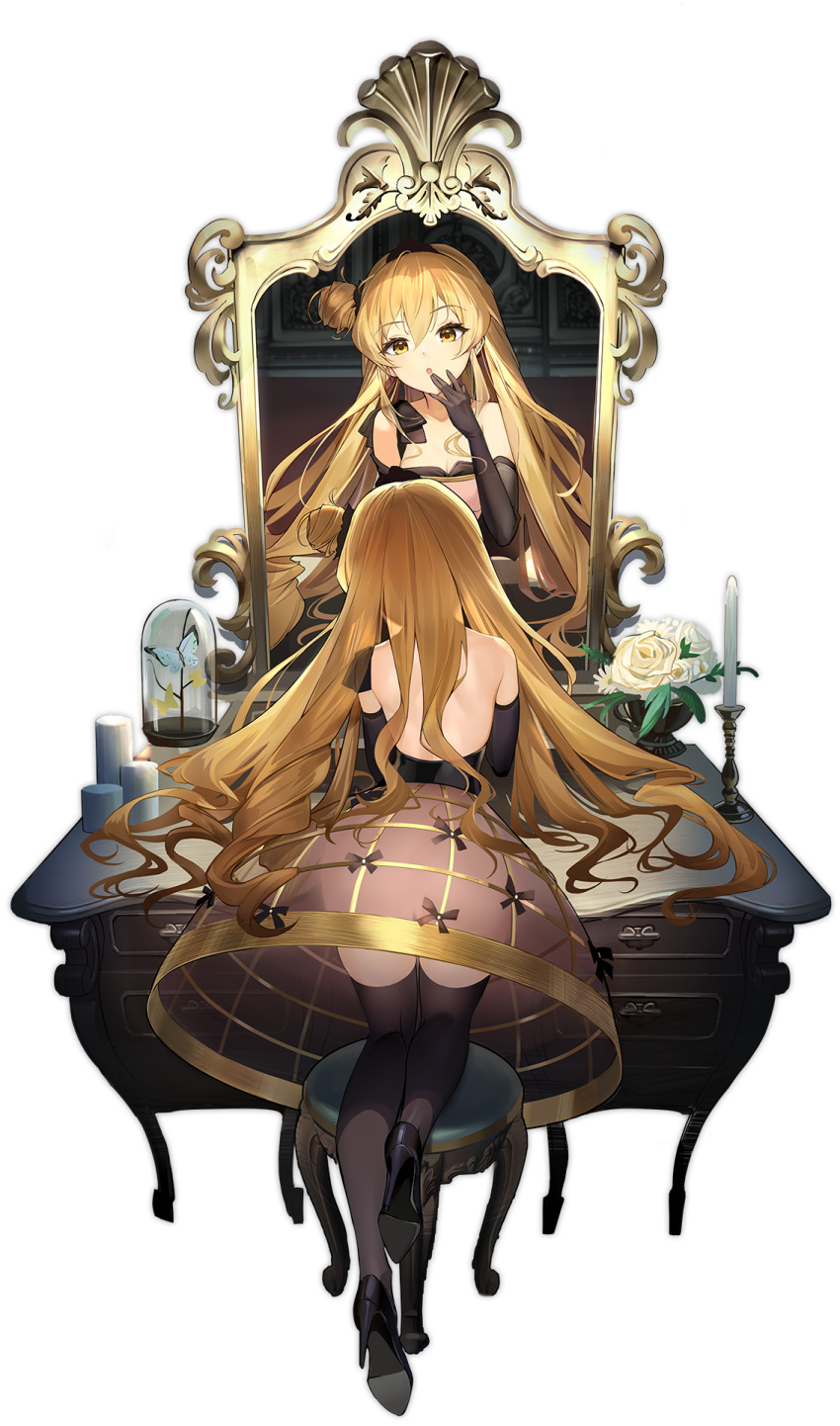 :o asymmetrical_hair azur_lane bare_shoulders black_dress black_footwear black_gloves black_legwear blonde_hair candelabra candle chest_of_drawers closed_eyes dress elbow_gloves flower gloves hair_bun hand_to_own_mouth high_heels highres long_hair mirror official_alternate_costume official_art pavapo reflection san_juan_(azur_lane) san_juan_(the_longing_princess)_(azur_lane) see-through_dress sleeveless sleeveless_dress smile stool transparent_background very_long_hair yellow_eyes