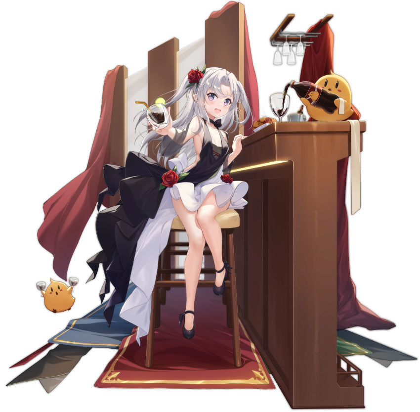 azur_lane bare_shoulders breasts cup dango_remi dress flower hair_flower hair_ornament highres holding holding_cup looking_at_viewer manjuu_(azur_lane) official_alternate_costume official_art open_mouth silver_hair sitting small_breasts transparent_background two_side_up vincenzo_gioberti_(azur_lane) violet_eyes