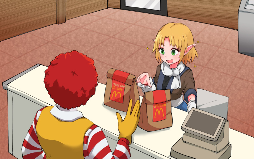 1boy 1girl afro arm_warmers bag bangs black_shirt blonde_hair breasts brown_jacket cash_register commentary_request cookie_(touhou) eyebrows_visible_through_hair fast_food gloves green_eyes highres indoors jacket joker_(cookie) mcdonald's medium_breasts mizuhashi_parsee multicolored multicolored_clothes multicolored_jacket open_mouth pointy_ears redhead ronald_mcdonald sash scarf shirt short_hair short_sleeves sleeveless_jumpsuit sparkle touhou upper_body white_sash white_scarf yan_pai yellow_gloves yellow_jumpsuit