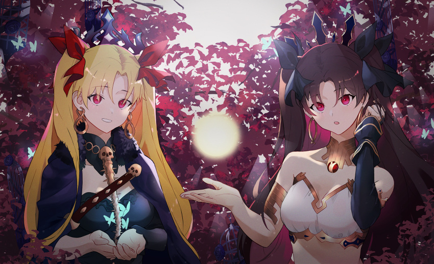 2girls bangs bare_shoulders black_hair blonde_hair breasts crown ereshkigal_(fate) fate/grand_order fate_(series) forest hair_ribbon highres ishtar_(fate) ishtar_(fate)_(all) jewelry leaf long_hair looking_at_viewer maple_leaf multiple_girls nature necklace oni22 open_mouth red_eyes ribbon smile twintails upper_body