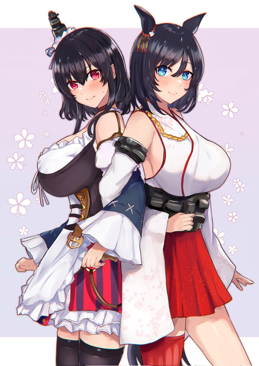 2girls animal_ears bangs black_hair black_legwear blue_eyes blush bodice breasts closed_mouth cosplay costume_switch crossover detached_sleeves eishin_flash_(umamusume) eyebrows_visible_through_hair frills german_clothes hair_between_eyes hair_ornament headgear highres horse_ears horse_girl japanese_clothes kantai_collection large_breasts looking_at_viewer miyako_(rgrayt) multiple_girls nontraditional_miko red_eyes red_legwear short_hair simple_background single_thighhigh smile sweat thigh-highs umamusume wide_sleeves yamashiro_(kancolle)