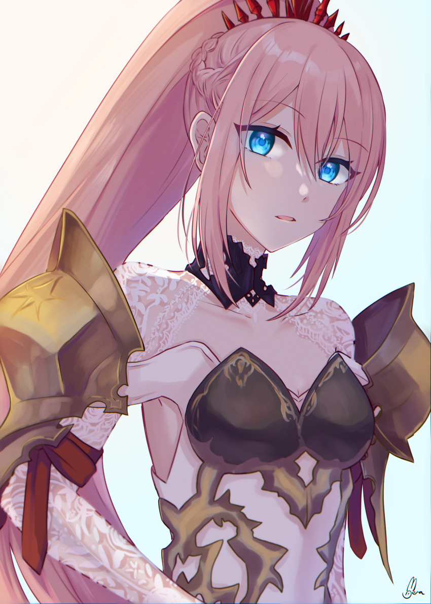 1girl absurdres armor blue_eyes braid french_braid hand_on_hip highres looking_at_viewer parted_lips pink_hair ponytail sefira shionne_(tales) shoulder_armor simple_background solo tales_of_(series) tales_of_arise upper_body white_background