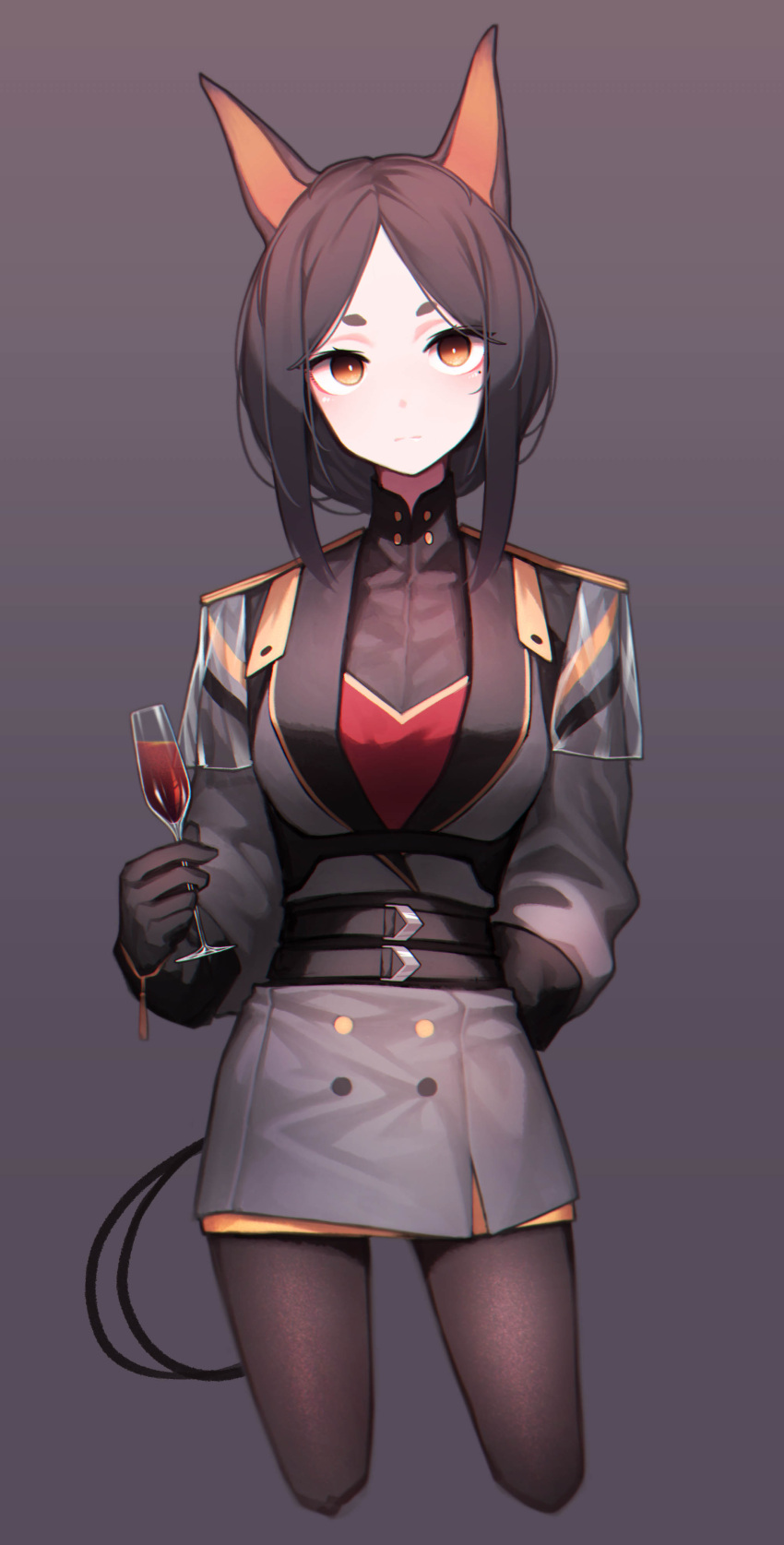 1girl absurdres animal_ears arknights arm_behind_back belt beudelb black_gloves black_hair closed_mouth cowboy_shot cropped_legs cup dobermann_(arknights) dobermann_(lieutenant)_(arknights) dog_ears drinking_glass gloves grey_background grey_jacket highres holding holding_cup jacket long_sleeves military military_uniform mole mole_under_eye no_hat no_headwear official_alternate_costume pantyhose short_hair sidelocks simple_background solo uniform weapon whip wine_glass yellow_eyes