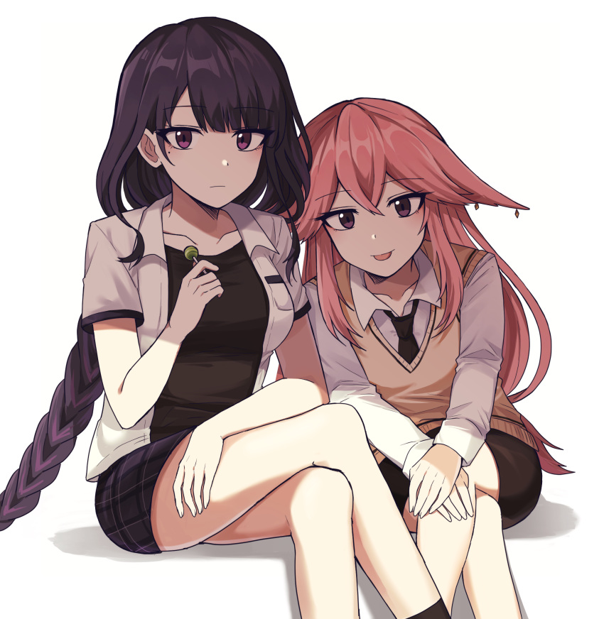 2girls :p alternate_costume bangs blush braid braided_ponytail breasts candy closed_mouth collarbone collared_shirt crossed_bangs crossed_legs eyebrows_visible_through_hair food genshin_impact highres large_breasts lix lollipop long_hair long_sleeves mole mole_under_eye multiple_girls pink_hair purple_skirt raiden_shogun school_uniform shirt short_sleeves simple_background sitting skirt sweater_vest tongue tongue_out white_background white_shirt yae_(genshin_impact)