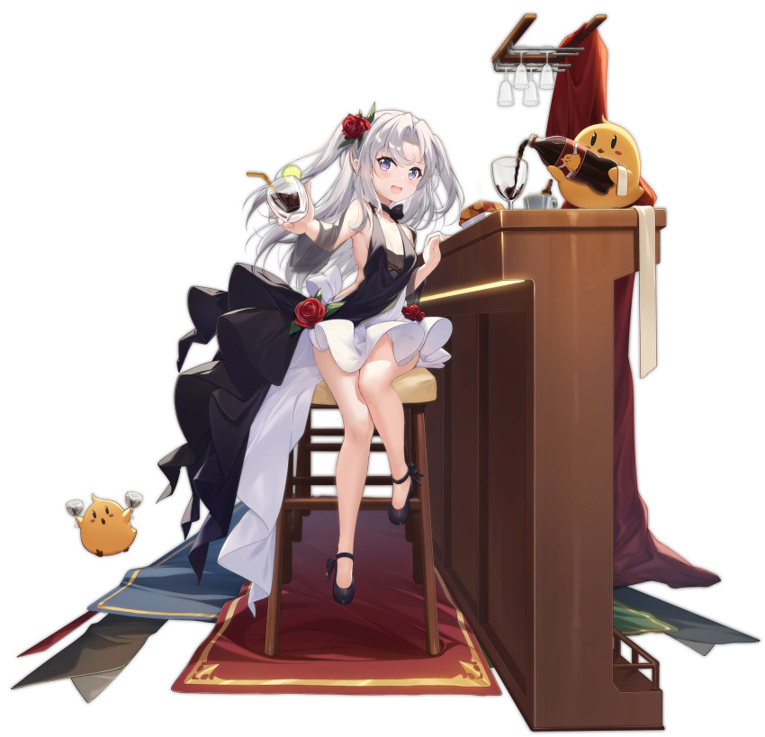 azur_lane bare_shoulders breasts cup dango_remi dress flower hair_flower hair_ornament highres holding holding_cup looking_at_viewer manjuu_(azur_lane) official_alternate_costume official_art open_mouth silver_hair sitting small_breasts transparent_background two_side_up vincenzo_gioberti_(azur_lane) violet_eyes