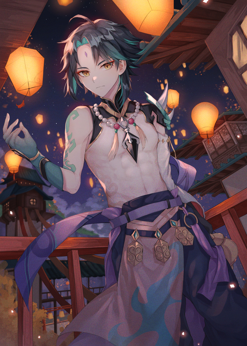 1boy :| abs absurdres ahoge arm_tattoo armor bangs bead_necklace beads black_hair closed_mouth clouds cloudy_sky detached_sleeves expressionless facial_mark forehead_mark genshin_impact green_hair highres huge_filesize jewelry lantern long_sleeves looking_at_viewer male_focus multicolored_hair muscular muscular_male necklace night night_sky pants parted_bangs purple_pants short_hair shoulder_armor shoulder_spikes sky solo spikes standing tattoo two-tone_hair user_vhpt2284 white_sleeves wide_sleeves xiao_(genshin_impact) yellow_eyes