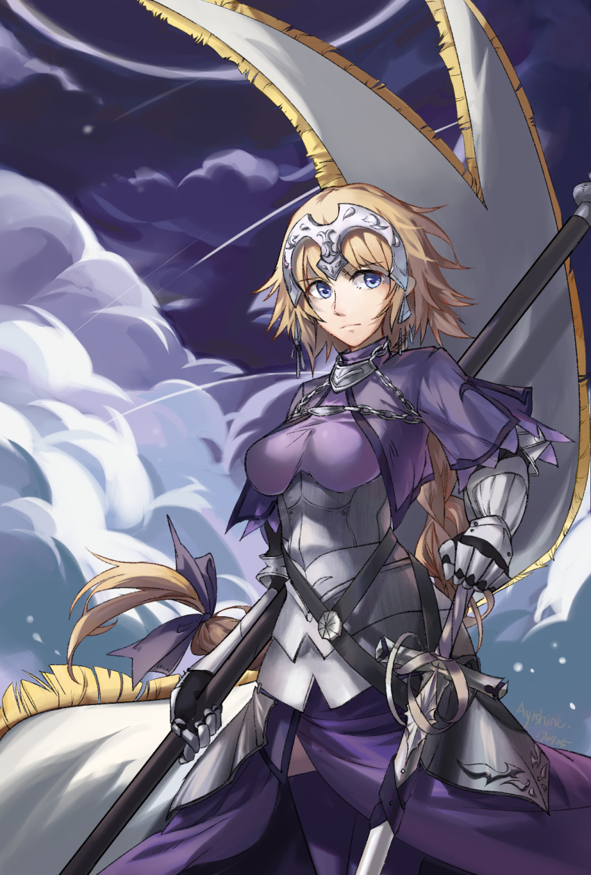 1girl armor artist_name ayrshine blonde_hair braid braided_ponytail breasts capelet chain dark_sky expressionless fate/grand_order fate_(series) gauntlets headphones highres jeanne_d'arc_(fate) jeanne_d'arc_(fate/apocrypha) long_hair looking_at_viewer low_ponytail medium_breasts polearm purple_ribbon ribbon sheath sheathed solo standard_bearer star_(sky) sword violet_eyes weapon
