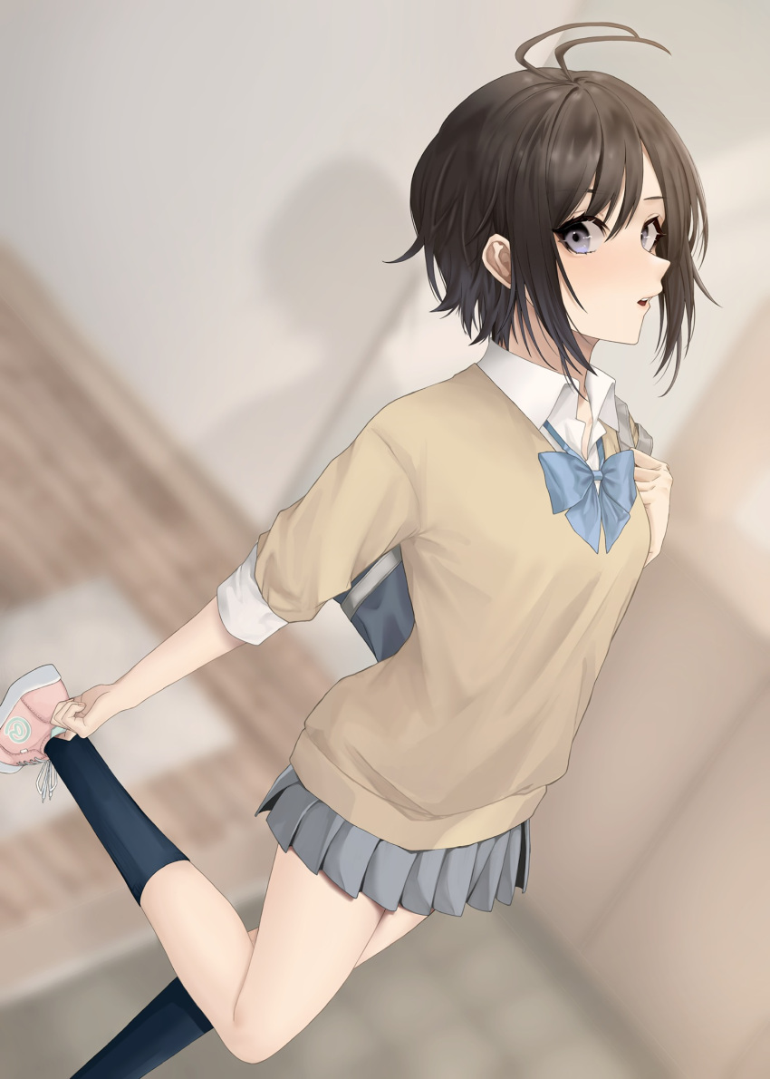 1girl adjusting_footwear antenna_hair bag bangs black_hair black_legwear blue_bow blue_eyes blue_neckwear blurry blurry_background blush bow brown_sweater commentary dress_shirt entrance from_above from_side grey_shirt grey_skirt highres idolmaster kikuchi_makoto looking_at_viewer looking_to_the_side parted_lips pink_footwear pleated_skirt powerful_sangyou_haikibutsu school_bag school_uniform shirt shoes short_hair skirt sneakers socks solo standing standing_on_one_leg sweater upper_teeth white_shirt