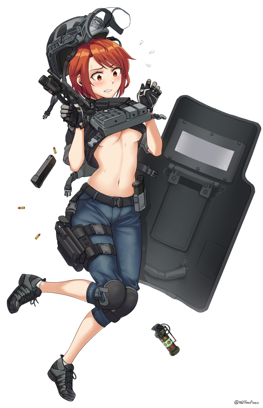 1girl absurdres bangs black_gloves black_shirt blue_shorts breasts bullet clenched_teeth commentary_request eyebrows_visible_through_hair flashbang flying_sweatdrops full_body gloves grey_footwear grey_headwear gun handgun hands_up helmet highres holding holding_gun holding_weapon knee_pads medium_breasts navel ndtwofives orange_hair original pistol red_eyes riot_shield shield shirt shoes shorts simple_background solo sweat teeth twitter_username under_boob weapon weapon_request white_background