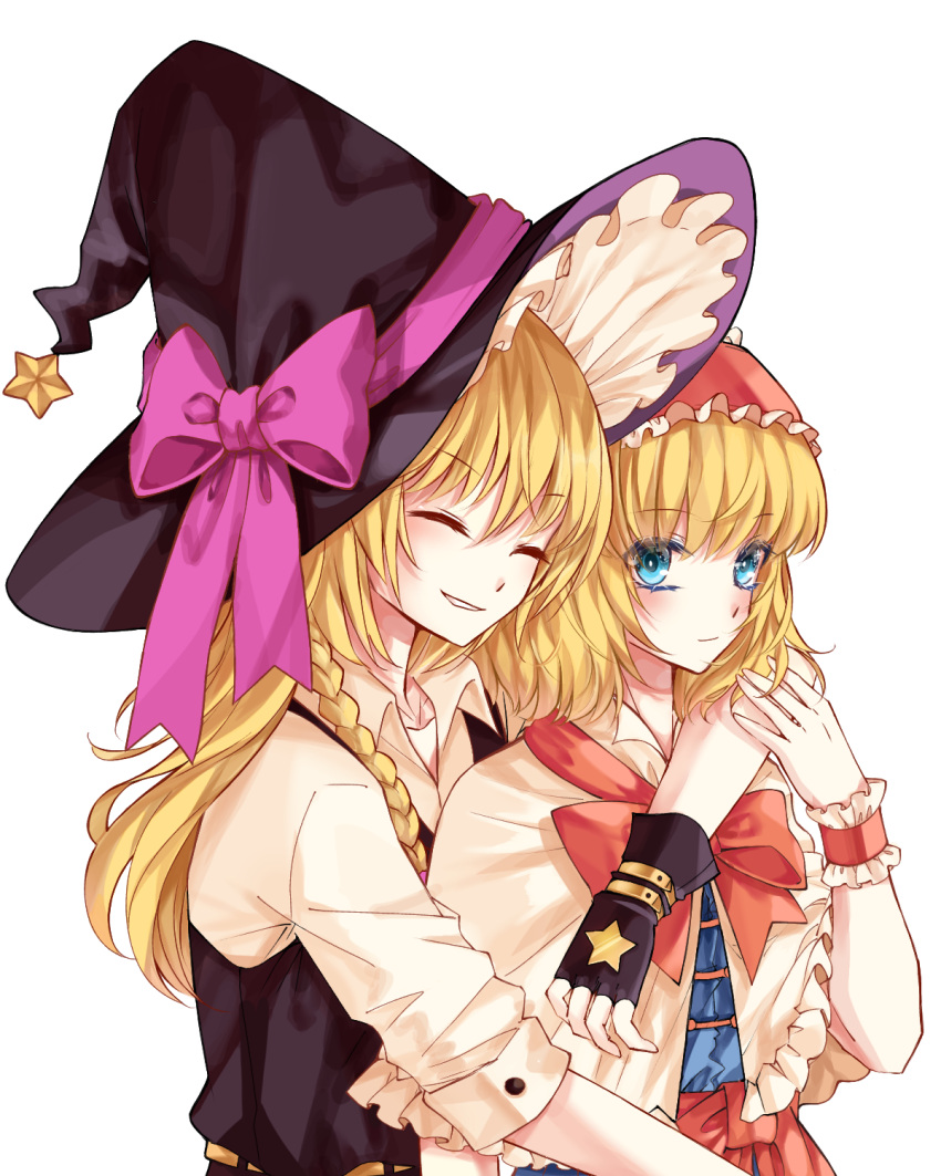 2girls alice_margatroid bangs black_headwear blonde_hair blue_eyes bow closed_mouth dress eyebrows_visible_through_hair hair_between_eyes hairband hat hat_bow highres hug hug_from_behind kirisame_marisa long_hair looking_at_another multiple_girls open_mouth purple_bow red_hairband short_hair simple_background smile star_(symbol) touhou white_background witch_hat yuki15775 yuri