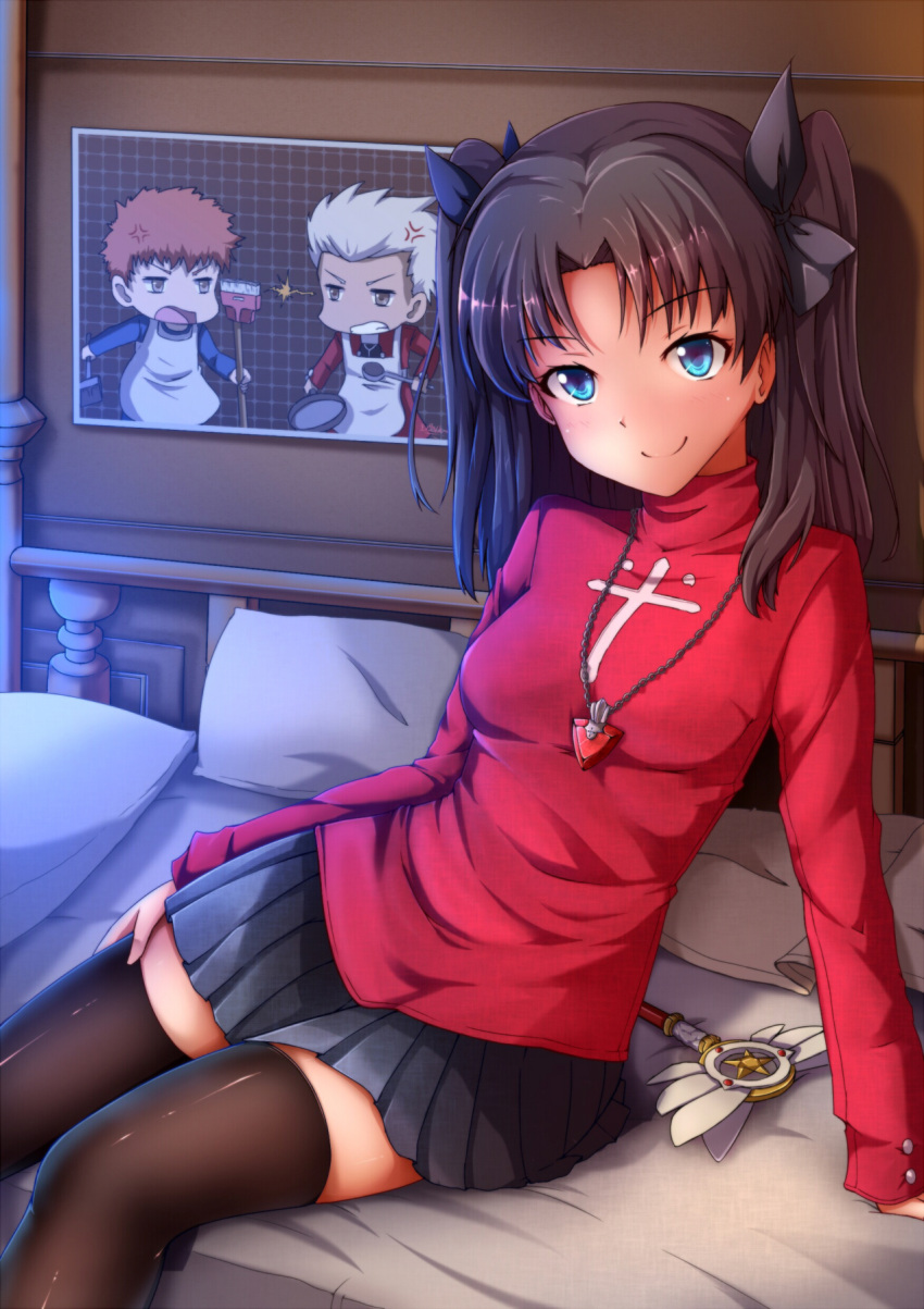 1girl 2boys anger_vein archer_(fate) arm_support black_hair black_ribbon black_skirt blue_eyes breasts broom emiya_shirou fate/hollow_ataraxia fate/stay_night fate_(series) frying_pan grey_hair highres jewelry kaiyi kaleidostick long_hair looking_at_viewer medium_breasts multiple_boys necklace on_bed pillow red_sweater redhead ribbon skirt smile sweater thigh-highs tohsaka_rin turtleneck turtleneck_sweater two_side_up yellow_eyes zettai_ryouiki