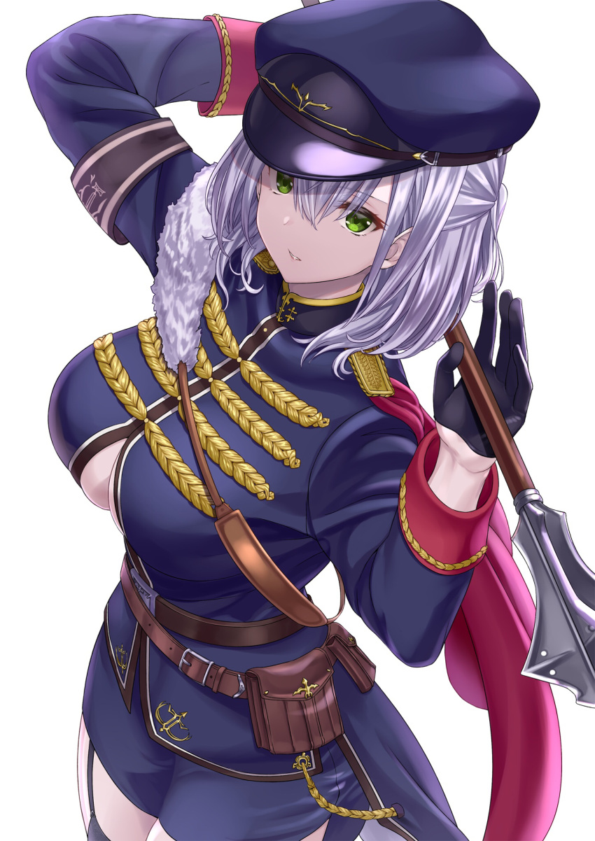 1girl arms_up belt belt_pouch black_gloves black_shirt black_shorts blue_headwear breasts clothing_cutout cowboy_shot garter_straps gloves green_eyes hat highres holding holding_weapon hololive large_breasts long_sleeves looking_at_viewer mace military_hat parted_lips peaked_cap pouch sengoku_aky shirogane_noel shirt short_hair short_shorts shorts solo under_boob underboob_cutout virtual_youtuber weapon white_hair