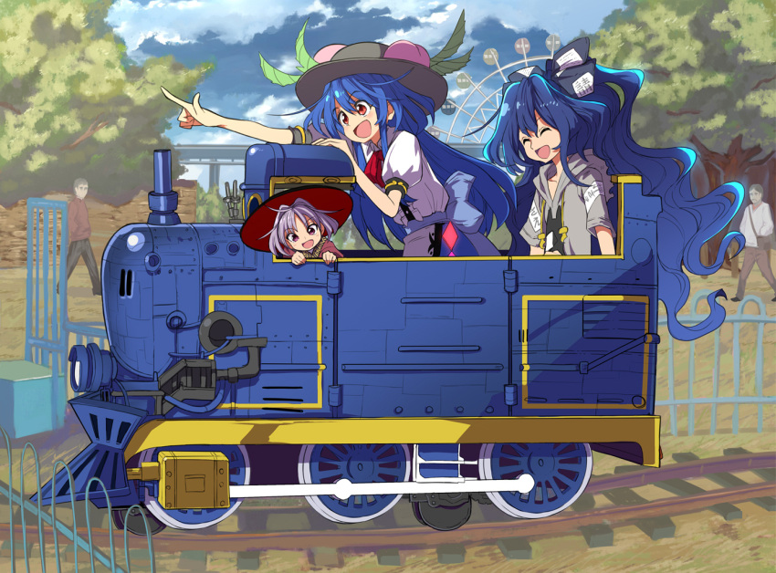3girls amusement_park blue_hair blue_sky blush bow bowl bowl_hat closed_eyes clouds cloudy_sky commentary_request dark_blue_hair debt eyebrows_visible_through_hair ferris_wheel fruit_hat_ornament grey_hoodie ground_vehicle hair_between_eyes hair_bow hat hinanawi_tenshi hood hoodie japanese_clothes kimono long_hair minigirl multiple_girls open_mouth peach_hat_ornament pink_kimono pointing puffy_short_sleeves puffy_sleeves purple_hair railing red_bow red_eyes red_neckwear shirt shope short_sleeves sky sukuna_shinmyoumaru touhou toy_train train white_shirt yorigami_shion