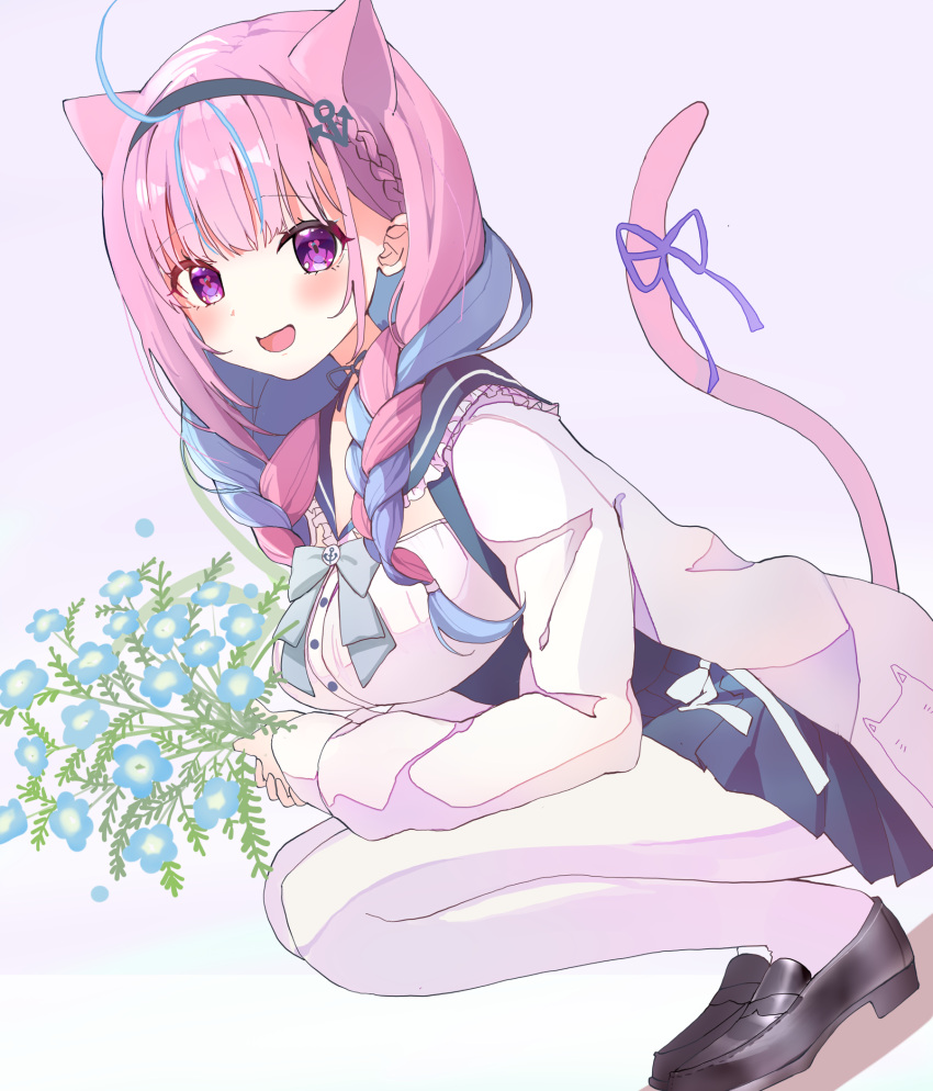 1girl ahoge anchor_hair_ornament animal_ears black_footwear black_skirt blue_bow blue_neckwear blush bow braid cat_ears cat_tail commentary eyebrows_visible_through_hair flower french_braid full_body hair_ornament hairband highres holding holding_flower hololive jacket kemonomimi_mode legs_together light_blue_hair loafers long_sleeves looking_at_viewer medium_hair minato_aqua miniskirt multicolored_hair neck_ribbon nuko-1111 official_alternate_costume open_clothes open_jacket open_mouth pantyhose pink_hair pleated_skirt purple_background purple_ribbon ribbon sailor_collar shirt shoes simple_background skirt smile solo squatting streaked_hair tail tail_ornament tail_ribbon twin_braids twintails two-tone_hair violet_eyes virtual_youtuber white_jacket white_legwear white_shirt