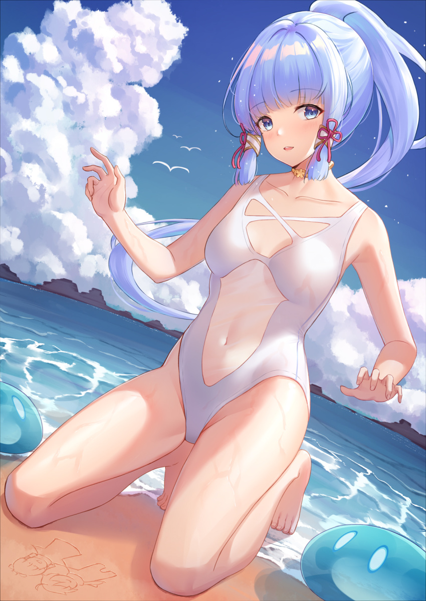 1girl :o airool bangs bare_arms bare_legs bare_shoulders barefoot blue_eyes blue_hair blue_sky blunt_bangs blush breasts casual_one-piece_swimsuit choker clouds collarbone commentary_request covered_navel creature eyebrows_visible_through_hair full_body genshin_impact hair_ribbon highres kamisato_ayaka looking_at_viewer medium_breasts ocean one-piece_swimsuit open_mouth ponytail red_ribbon revision ribbon sand sand_writing sky slime_(genshin_impact) solo swimsuit water white_swimsuit yellow_choker