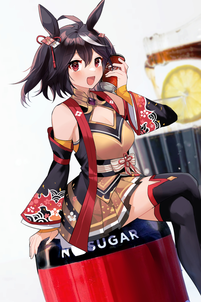 1girl :d absurdres akitsuki_(oenothera) animal_ears black_hair black_legwear breasts brown_skirt can coca-cola commentary_request crossed_legs detached_sleeves highres holding holding_can horse_ears horse_girl kitasan_black_(umamusume) looking_at_viewer medium_breasts multicolored_hair open_mouth pleated_skirt red_eyes short_hair skirt smile solo streaked_hair thigh-highs umamusume white_hair