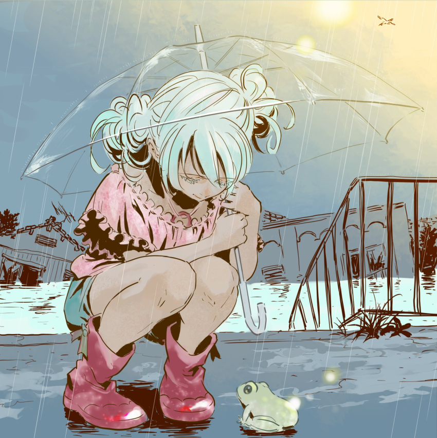 1girl boots double_bun frog green_hair hair_bun highres original rain seiza shorts sitting umbrella