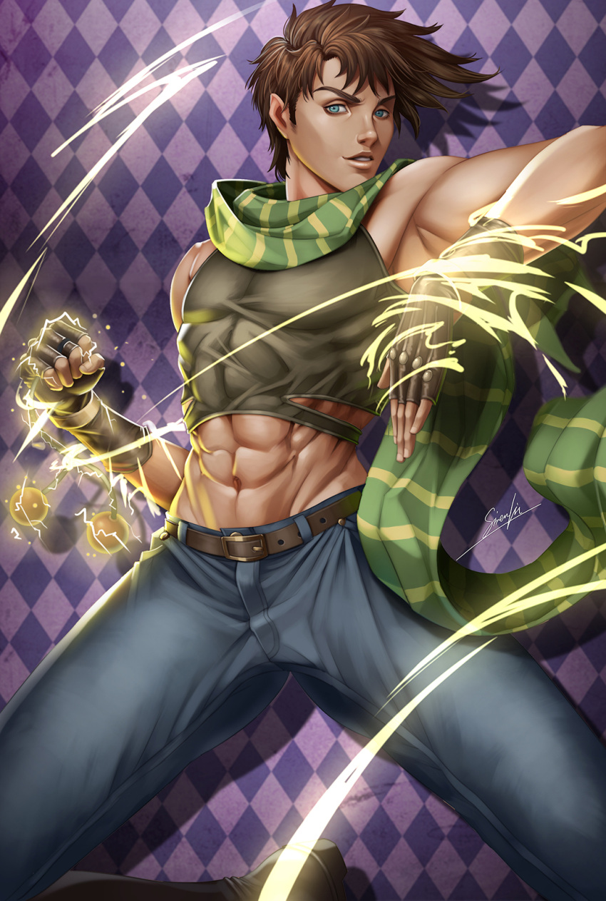 1boy bare_shoulders battle_tendency belt brown_hair commentary crop_top denim fingerless_gloves gloves green_scarf hand_up highres jojo_no_kimyou_na_bouken joseph_joestar joseph_joestar_(young) looking_at_viewer male_focus midriff mixed-language_commentary muscular muscular_male navel pants pose scarf short_hair sirenlin sleeveless smile solo tank_top violet_eyes