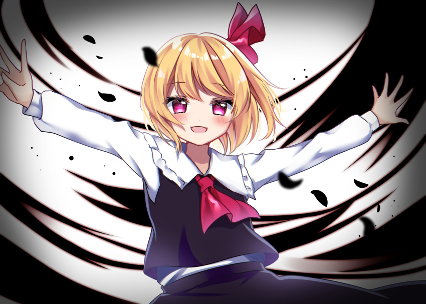 1girl :d ascot bangs black_skirt black_vest blonde_hair blurry blurry_foreground blush commentary_request darkness depth_of_field eyebrows_visible_through_hair frilled_shirt_collar frills hair_between_eyes heart heart-shaped_pupils highres long_sleeves looking_at_viewer one-hour_drawing_challenge open_mouth outstretched_arms puffy_sleeves red_neckwear rumia shiki_(s1k1xxx) short_hair skirt smile solo swept_bangs symbol-shaped_pupils touhou upper_body vest vignetting violet_eyes