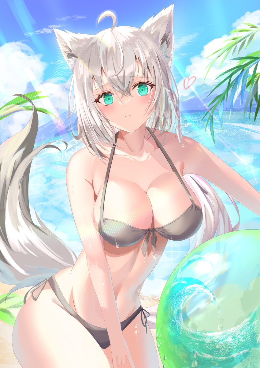 1girl absurdres animal_ears ball bangs bikini blush braid breasts clouds cloudy_sky collarbone commentary_request day eyebrows_visible_through_hair fox_ears fox_girl fox_tail green_eyes hair_between_eyes heart highres hololive long_hair looking_at_viewer medium_breasts navel ocean palm_leaf revision shirakami_fubuki side-tie_bikini sidelocks signature single_braid sky solo swimsuit tail tonasegaill virtual_youtuber white_hair