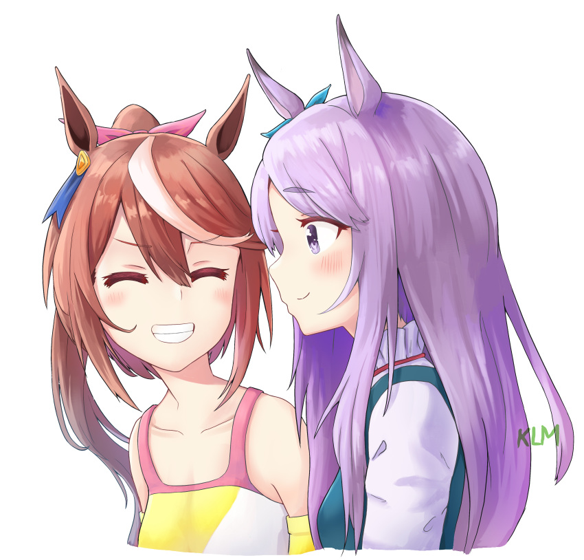 2girls ^_^ absurdres animal_ears blush brown_hair closed_eyes closed_mouth ear_ribbon facing_another grin highres horse_ears horse_girl horse_tail jtleeklm looking_at_another mejiro_mcqueen_(umamusume) multiple_girls open_mouth purple_hair smile tail tokai_teio_(umamusume) umamusume