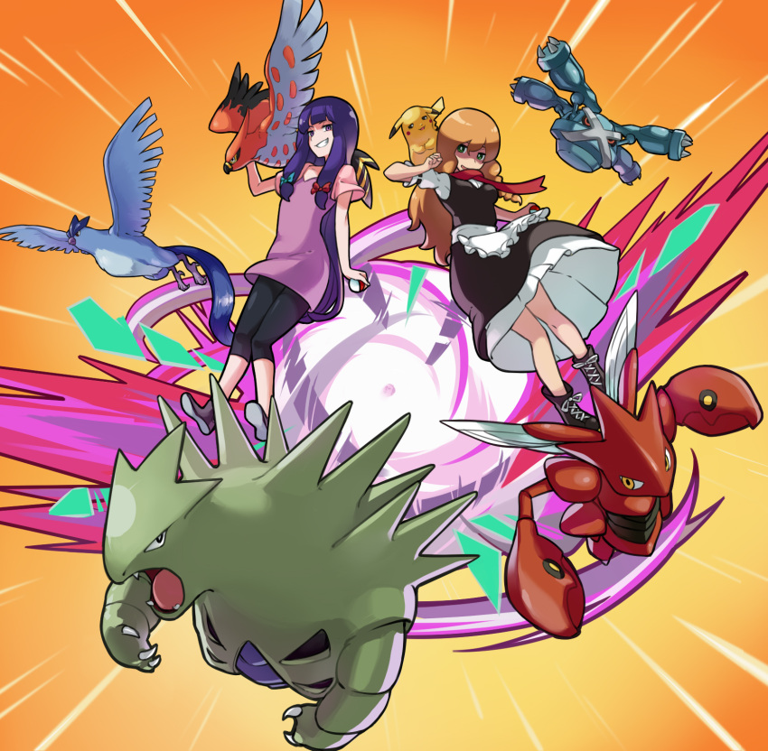2girls apron articuno bangs black_dress black_pants blonde_hair blue_bow bow breasts commentary_request cookie_(touhou) dress full_body green_eyes grin hair_bow highres holding holding_poke_ball kirisame_marisa legendary_pokemon long_hair looking_at_viewer mars_(cookie) medium_breasts megafaiarou_(talonflame_810) metagross multiple_girls open_mouth pants patchouli_knowledge pikachu poke_ball pokemon pokemon_(creature) purple_dress purple_hair red_bow red_scarf scarf scizor shirt short_sleeves smile taisa_(cookie) talonflame touhou tyranitar violet_eyes waist_apron white_shirt