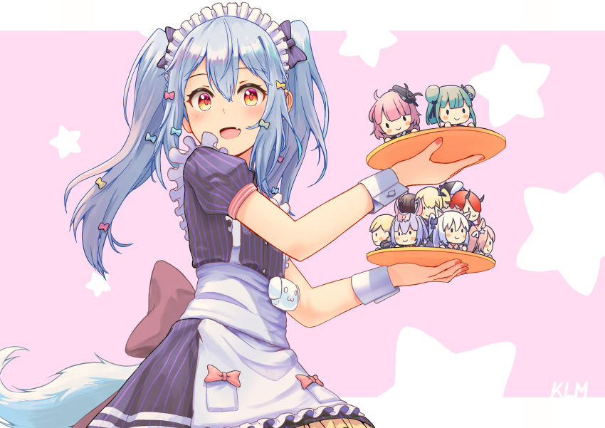 1boy :d absurdres apron blue_hair bow_skirt character_doll dog_tail enomiya_milk fang fingernails frilled_apron frills highres himesaki_yuzuru holding holding_tray hoozuki_warabe inuyama_tamaki jtleeklm kumagaya_takuma long_hair maid_headdress miniskirt nail_polish noripro oda_nobuhime open_mouth otoko_no_ko pinstripe_pattern pinstripe_shirt pinstripe_skirt red_nails shirayuki_mishiro shirt sidelocks skin_fang skirt skirt_set smile striped striped_shirt tail tray tsukudani_norio twintails uruha_rushia vertical-striped_shirt vertical-striped_skirt vertical_stripes virtual_youtuber waist_apron waitress white_apron wrist_cuffs yellow_eyes yumeno_lilith