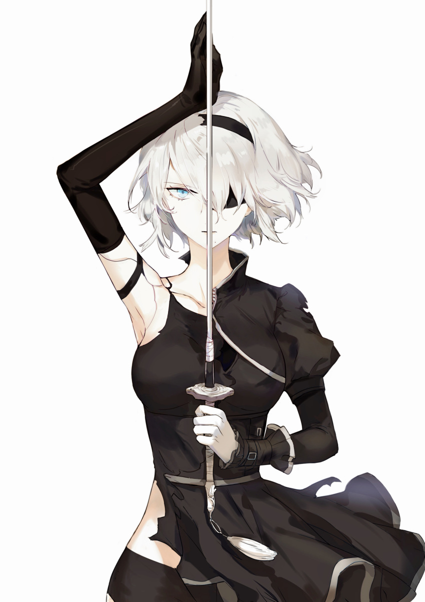 1girl absurdres android armlet bare_shoulders black_blindfold black_dress black_gloves black_hairband black_shorts black_tank_top blindfold blue_eyes breasts closed_mouth collarbone dress dual_persona elbow_gloves eyebrows_visible_through_hair gloves hairband highres holding holding_sword holding_weapon joints juliet_sleeves katana left-handed long_sleeves medium_breasts mole mole_under_mouth nier_(series) nier_automata puffy_sleeves robot_joints shaokao_range short_hair shorts simple_background solo split_theme sword tank_top virtuous_contract weapon white_background white_hair yorha yorha_type_a_no._2
