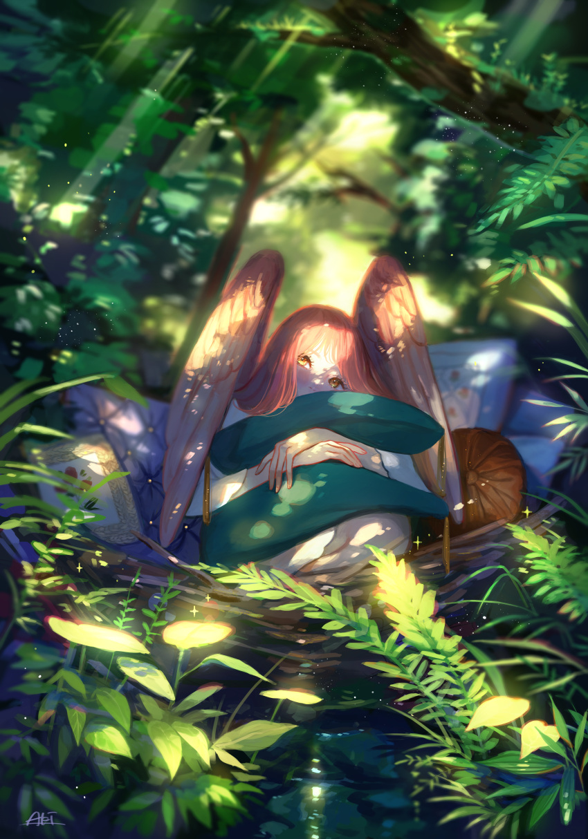 1girl absurdres aki_a0623 angel_wings dappled_sunlight feathers fern forest highres huge_filesize leaf nature original redhead sunlight wings yellow_eyes