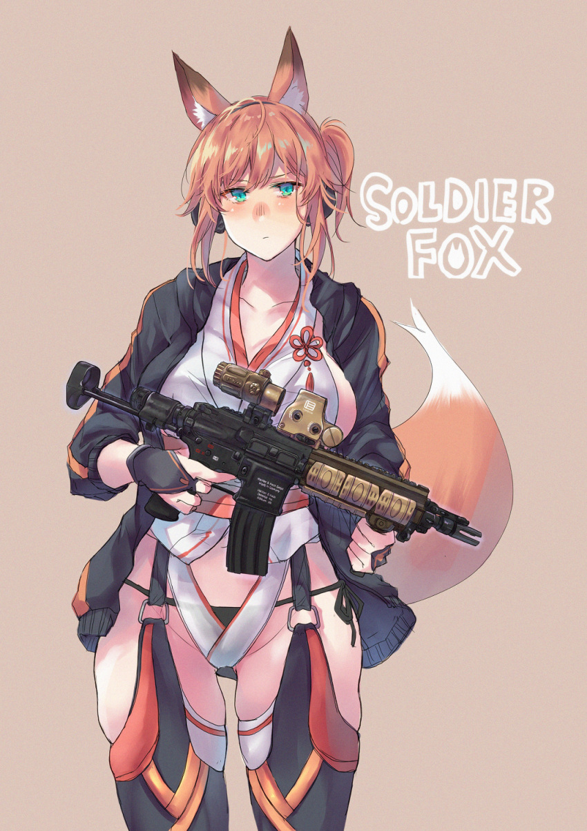 1girl animal_ears bangs black_gloves black_jacket black_legwear black_panties blue_eyes brown_background brown_hair closed_mouth clothing_cutout commentary_request cowboy_shot english_text fox_ears fox_girl fox_tail frown garter_straps gloves gun half_gloves highres holding holding_gun holding_weapon jacket japanese_clothes leotard long_sleeves looking_at_viewer navel navel_cutout open_clothes open_jacket original panties sawaya_(mizukazu) short_hair side-tie_panties simple_background solo standing string_panties tail thighs tied_hair underwear weapon weapon_request white_leotard