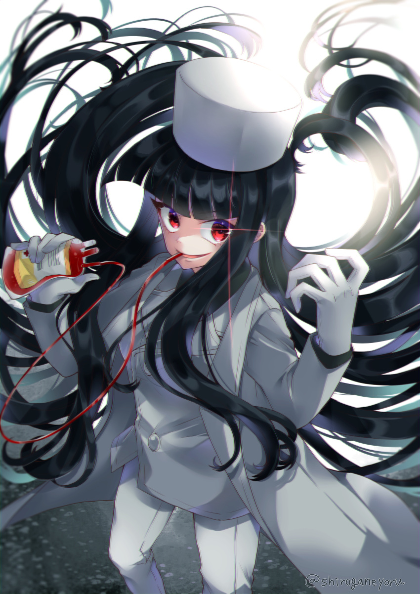 1girl absurdres alucard_(hellsing) blood drinking_blood fur_hat genderswap genderswap_(mtf) girlycard glaring gloves hat hellsing highres huge_filesize jacket long_hair long_jacket looking_at_viewer packet pants red_eyes shiroganeyoru vampire white_gloves white_headwear white_jacket white_pants winter_clothes