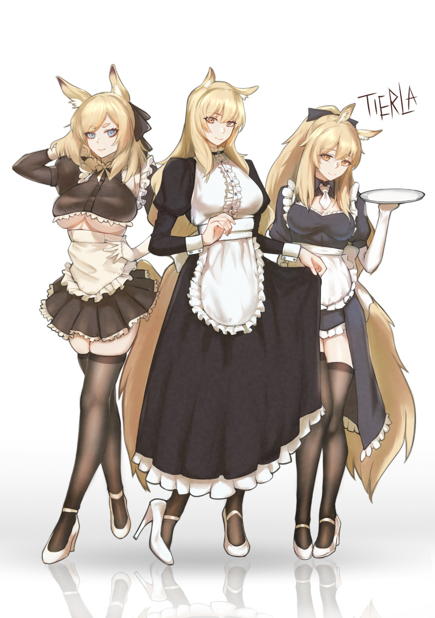 3girls absurdres alternate_costume animal_ear_fluff animal_ears arknights artist_name aunt_and_niece black_bow black_dress black_legwear blemishine_(arknights) blonde_hair blue_eyes bow breasts cleavage_cutout clothes_lift clothing_cutout commentary dress dress_lift elbow_gloves enmaided full_body gloves hair_bow high_heels highres holding holding_tray horse_ears horse_girl horse_tail huge_filesize large_breasts long_hair looking_at_viewer maid multiple_girls nearl_(arknights) reflection siblings sidelocks sisters skindentation smile standing tail thick_eyebrows thigh-highs tierla tray under_boob very_long_hair whislash_(arknights) white_footwear white_gloves white_wristband yellow_eyes zettai_ryouiki