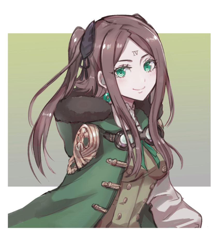 1girl brown_hair buttons commentary_request drag-on_dragoon drag-on_dragoon_3 facial_mark forehead_mark four_(drag-on_dragoon) fur_trim green_eyes green_jacket highres jacket long_hair miichinori roman_numeral smile solo two_side_up vest