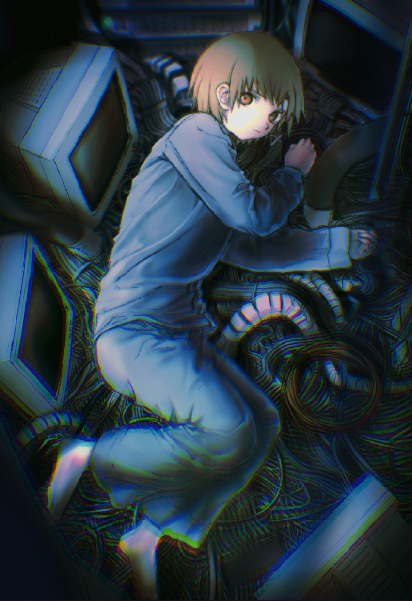 1girl asymmetrical_hair barefoot brown_eyes brown_hair cable closed_mouth commentary computer hair_ornament hairclip highres iwakura_lain looking_at_viewer serial_experiments_lain short_hair solo thesatisfiedpig x_hair_ornament