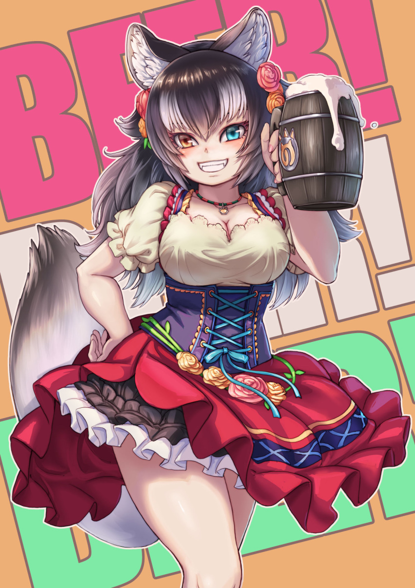 animal_ears asymmetrical_clothes bare_legs beer_mug black_dress black_hair blue_bow blue_corset blue_eyes blush bow bowtie commentary_request cowboy_shot cup dirndl dress eyebrows_visible_through_hair fangs flower flower_ornament frilled_dress frills german_clothes grey_hair grey_wolf_(kemono_friends) hair_flower hair_ornament heterochromia highres japari_symbol jewelry kemono_friends kemono_friends_3 kosai_takayuki long_hair mug multicolored multicolored_clothes multicolored_dress multicolored_hair necklace official_alternate_costume puffy_short_sleeves puffy_sleeves red_dress shirt short_sleeves smile tail white_dress white_hair white_shirt wolf_ears wolf_girl wolf_tail yellow_eyes