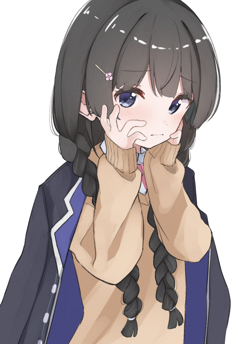 1girl bangs black_hair black_jacket blazer blue_eyes blush bow braid brown_sweater closed_mouth collared_shirt commentary_request eyebrows_visible_through_hair flower hair_flower hair_ornament hair_over_shoulder hairclip highres jacket jacket_on_shoulders long_hair long_sleeves looking_at_viewer low_twintails nijisanji pink_bow pink_flower shirt shiwa_(siwaa0419) simple_background sleeves_past_wrists solo sweater tsukino_mito twin_braids twintails upper_body very_long_hair virtual_youtuber white_background white_shirt